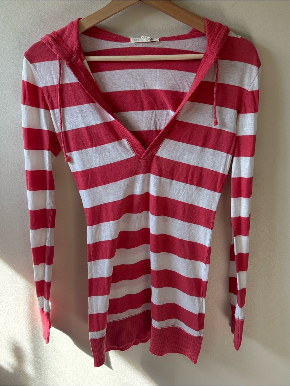Aeropostale Coral and White Striped V Neck Hooded Top